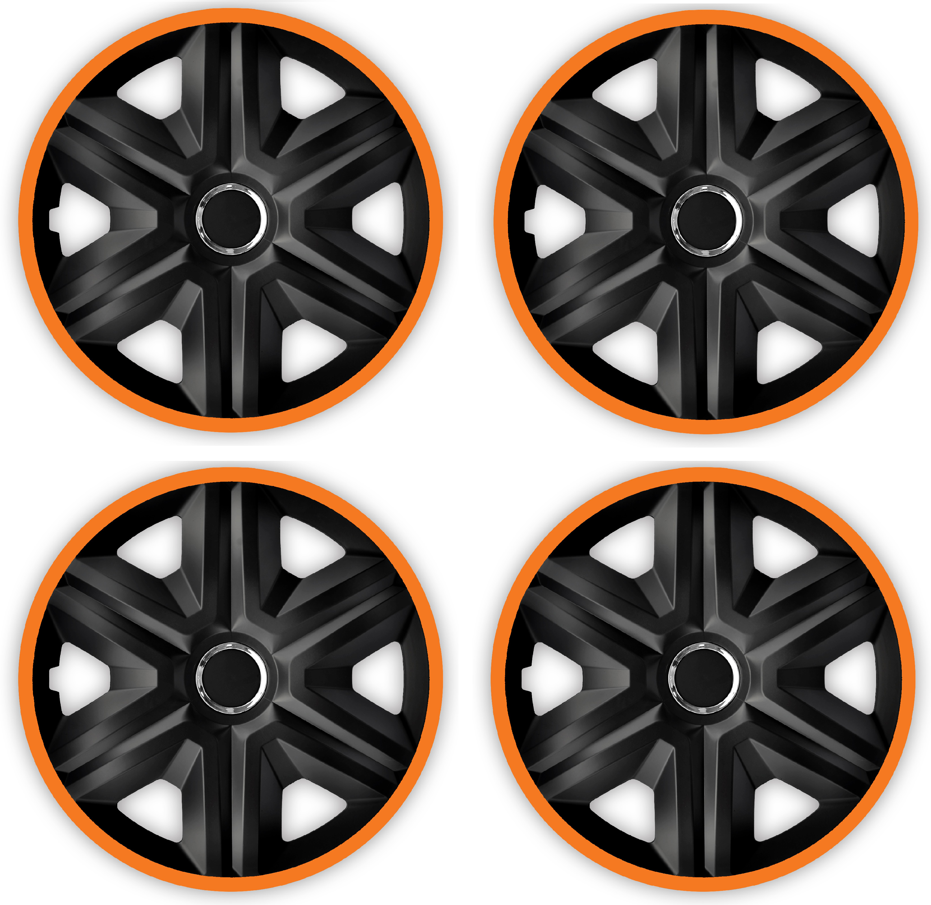 Eine Frontaufnahme des 4er Set Radkappen Modell RKK21 in schwarz-orange.