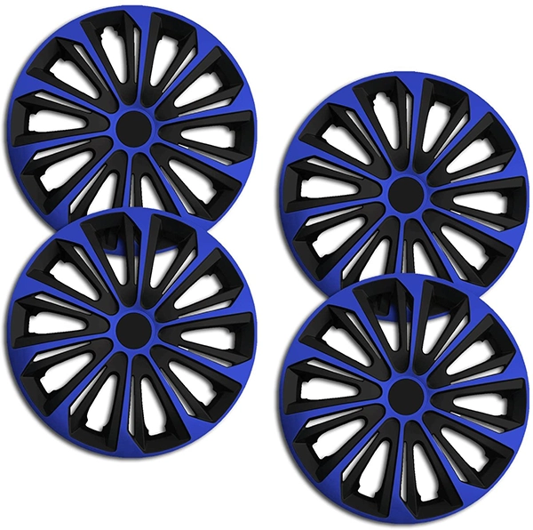 Eine Frontaufnahme des 4er Set Radkappen Modell RKK06 in schwarz-blau.