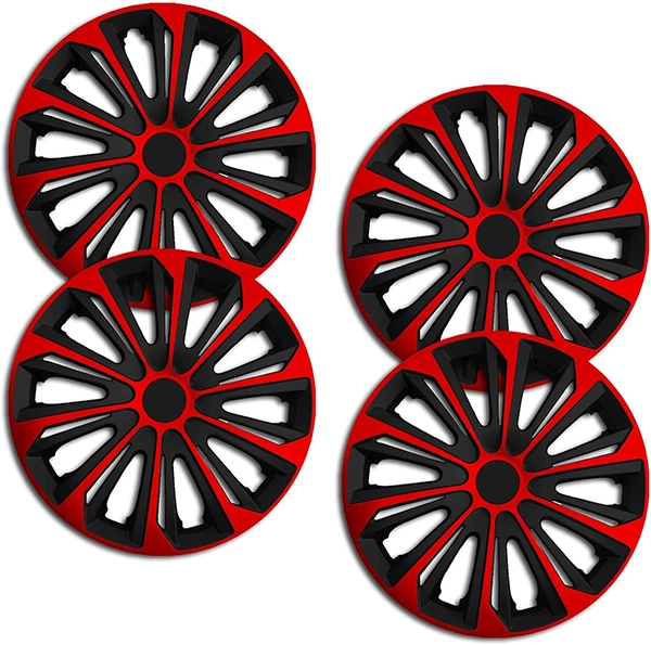 Eine Frontaufnahme des 4er Set Radkappen Modell RKK06 in schwarz-rot.