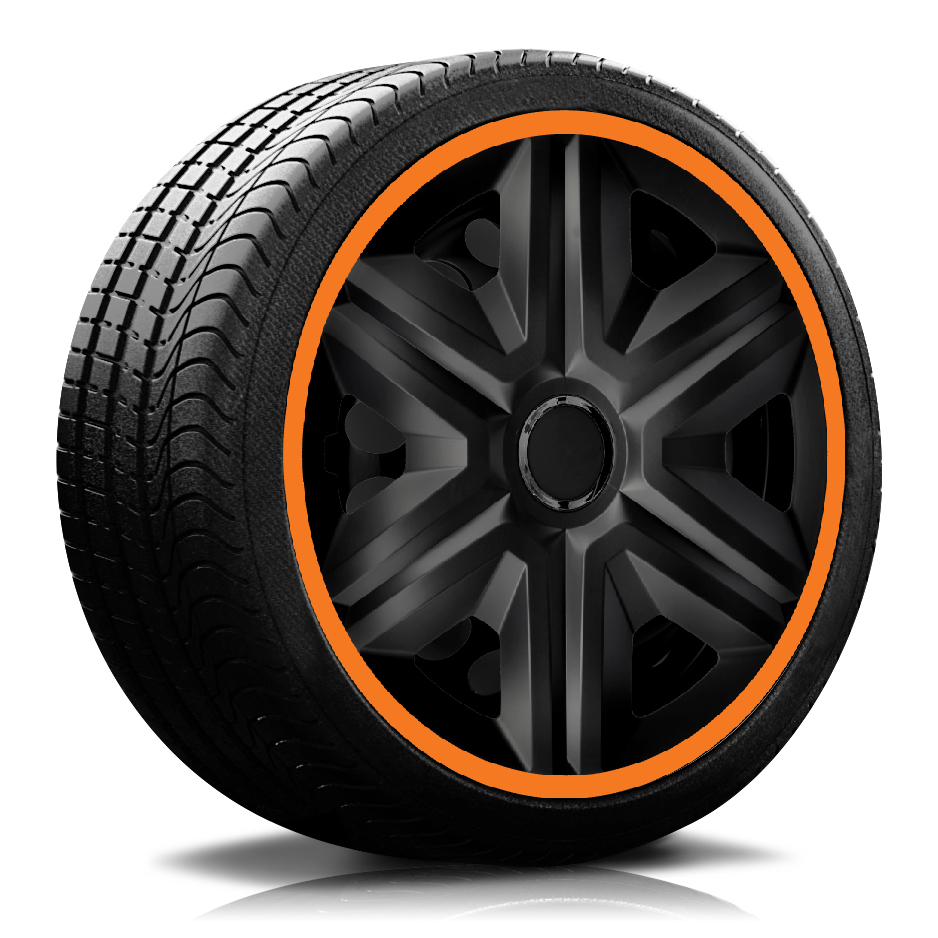 Ein Reifen mit Felge, auf der eine Radkappe des Modells RKK21 schwarz-orange ist.